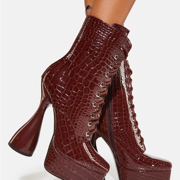 Sold- Azalea Wang Enzo Brown Faux Leather Croc Dolls Kill Platform Heel Boot - Picture 9 of 10